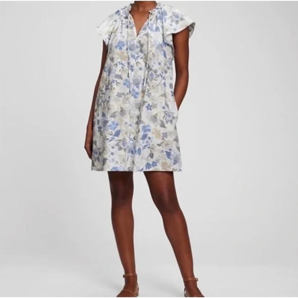 GAP Printed Tie Front Flutter Sleeve Mini Dress 100% Cotton Women's M Sundress